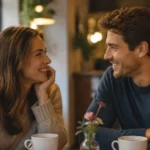 Smiling couple chatting in a cozy UK café, representing stress-free dating for positive singles